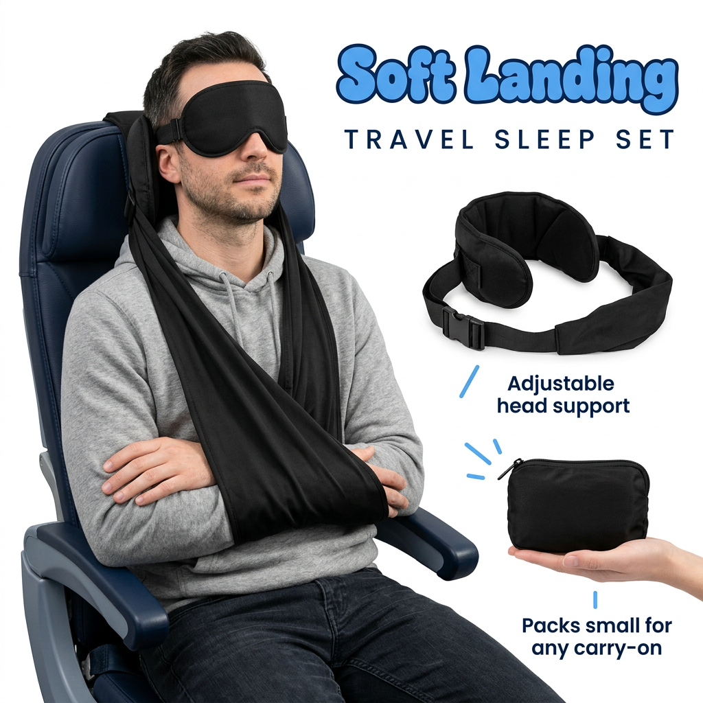 Man resting in an airplane seat with the Soft Landing Travel Sleep Set