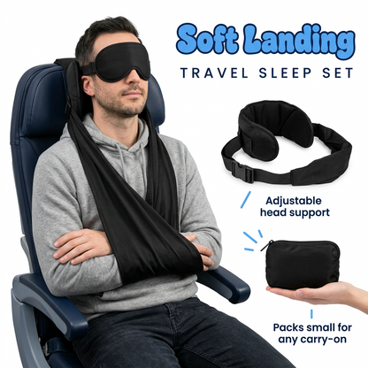 Man resting in an airplane seat with the Soft Landing Travel Sleep Set