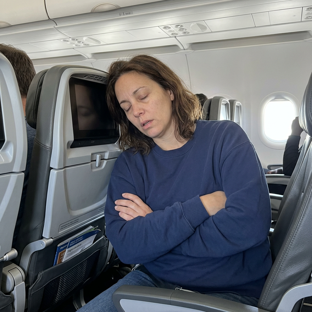 Woman struggling to sleep upright on a daytime flight