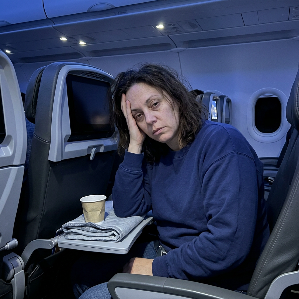 Tired woman awake on an overnight flight